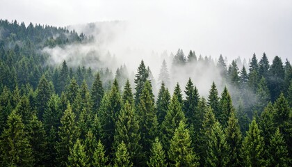 Misty Fir Forest Landscape in Vintage Retro Style


