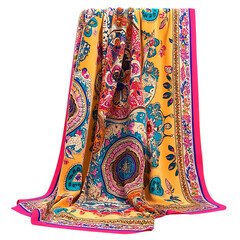 Yellow and Pink Floral Scarf with Intricate Ornament Isolated on Transparent Background
