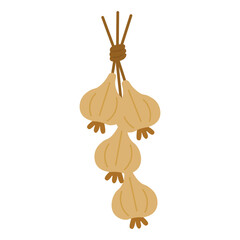 Flat vector illustration of a hanging garlic braid, perfect for farm, harvest and rustic kitchen themes.