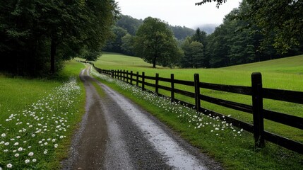 Fototapeta premium A rustic farm fence with blooming wildflowers