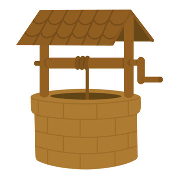 Flat vector illustration of a traditional village water well with roof and crank handle.