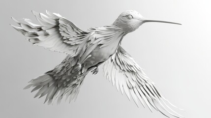 Elegant, three-dimensional hummingbird in flight, presented in monochrome.