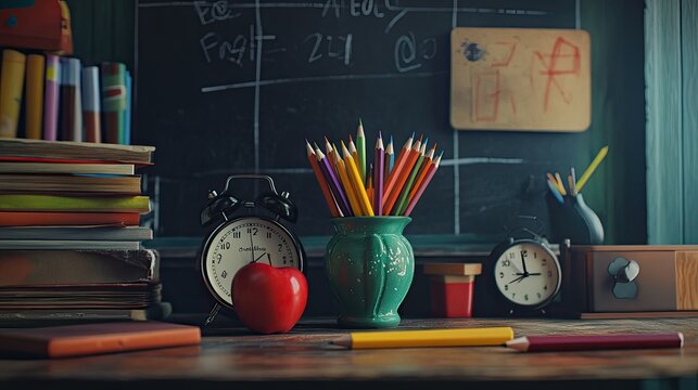Colorful Pencils and Books on a School Desk Still Life - Powered by Adobe