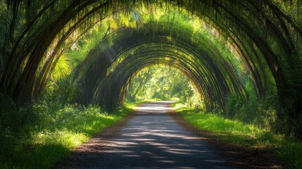 Obraz premium Sunlight streams through a canopy of arched trees, illuminating a path