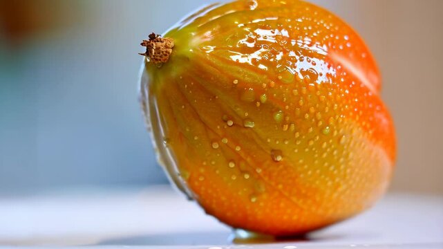 Close-up shot of a vibrant orange Gac fruit with a textured peel, showcasing condensation droplets against a blurred soft-toned backdrop