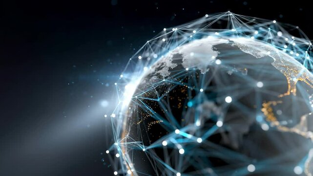 Earth globe surrounded by a complex network of interconnected lines representing connectivity