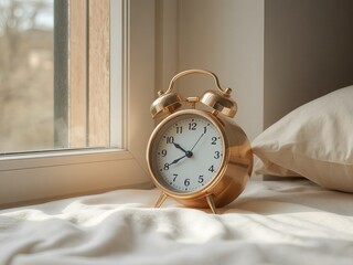 A golden alarm clock sitting on a white bed next to a window with natural light coming through it