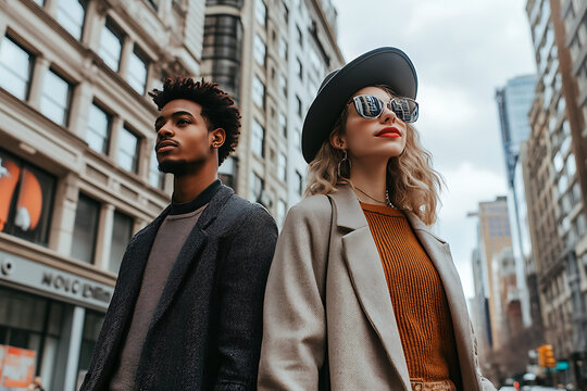 Urban Style: A stylish couple stands amidst the city's grandeur. The setting sun casts a warm glow as they exude confidence and modern flair.