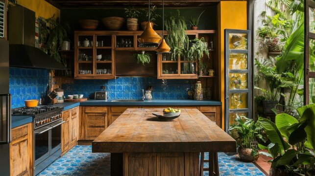Vibrant and colorful kitchen with rustic wooden island, blue backsplash, and lush greenery. A beautiful, modern, artistic cooking space.