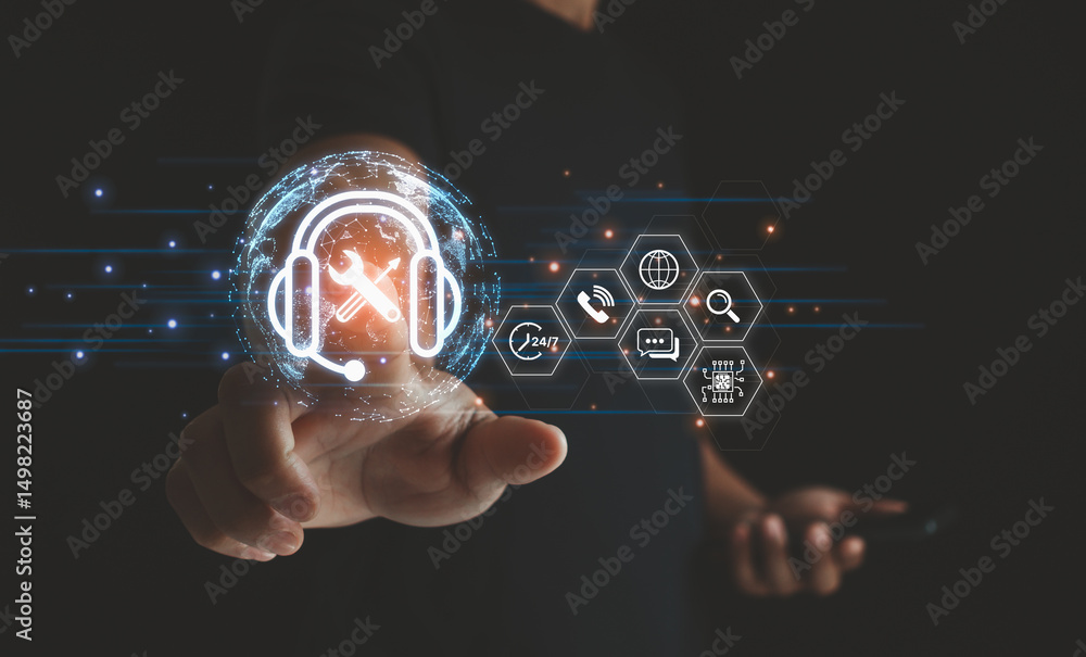 Poster the concept of technical support customer service business technology with ai. businessman touching 