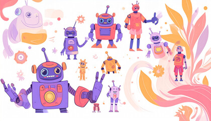 Naklejka premium A whimsical collection of diverse robots and alien-like characters, playfully posed against a backdrop of stylized floral elements and abstract shapes in pastel hues