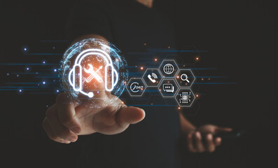 The concept of technical support customer service business technology with AI. Businessman touching...