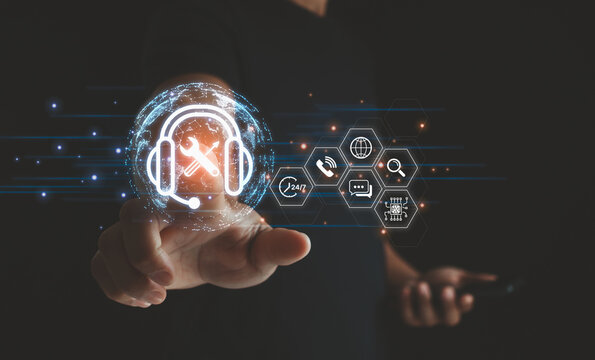 The concept of technical support customer service business technology with AI. Businessman touching icon and accessing online technical support assistance from qualified professionals to resolve issue