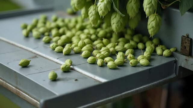 Freshly harvested hops cones spilling onto a surface, ready for brewing. Green, aromatic, and natural ingredients for beer production.