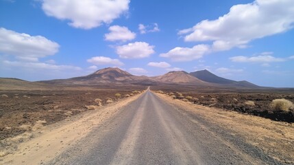 Straight road between volcanoes and desert.