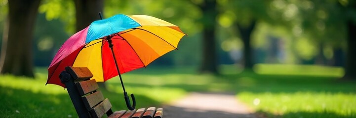 A colorful umbrella rests gently on a park bench, a peaceful scene on a sunny day The umbrella's vibrant colors contrast with the natural surroundings , canvas, park, pole