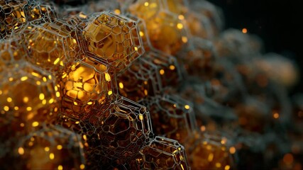 Mechanical honeycomb structures rotating slowly, glowing cores inside transparent hexagonal units, concept of swarm intelligence and AI hive systems in futuristic environment - Powered by Adobe