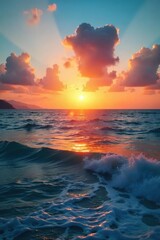 Serene sunset over calm ocean waves, embodying ultimate relaxation and peaceful happiness  Perfect for travel, wellness, or mindfulness themes , ocean,  bliss,  tranquility