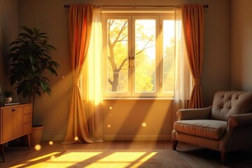 Golden hour sunlight streams through a window, illuminating dust motes dancing in a bright and cheerful room, creating a feeling of warmth and contentment , happy, serene, well-being