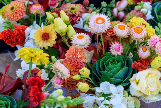 USA, Indiana, Fishers. Fresh flowers on display at market.