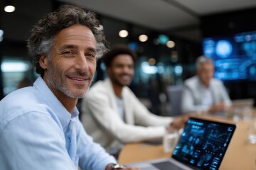 A confident man presenting in a meeting room, showcasing leadership and collaboration among team members evident in a professional business environment.