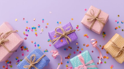 Gift boxes with twine, vibrant confetti, and streamers scattered across soft lavender background in cheerful top-down arrangement