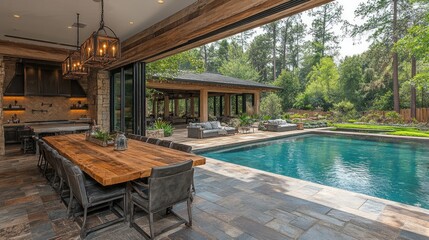 Fototapeta premium Rustic Outdoor Kitchen and Poolside Dining