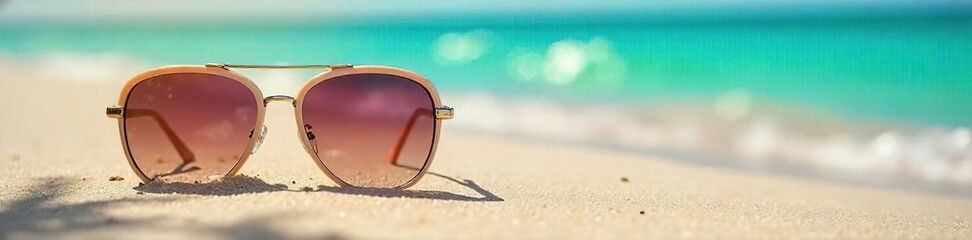 Stylish sunglasses resting on a vibrant summer beach scene, reflecting the bright sunlight Perfect for travel, vacation, and summer themes , heat, sea