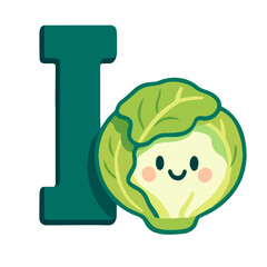 Uppercase Letter I with Cute Iceberg Lettuce – Fruits and Vegetables Alphabet in Retro Pop-Art Style
