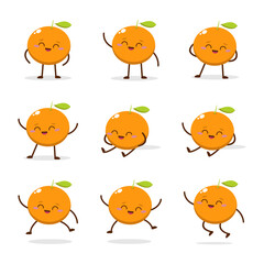Cute Smiling Orange Character. Kawaii Orange Fruit Mascot Style Vector. Cute vector character set in various action emotions. Collection symbols isolated on a white background