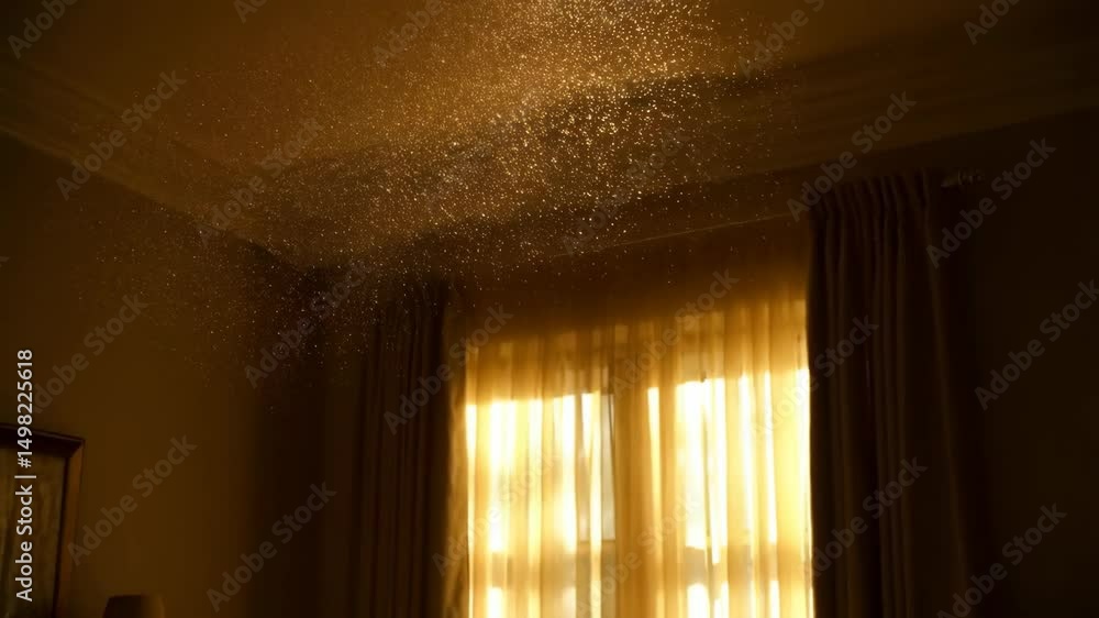 Poster sunlight streams through the window, illuminating dust particles floating in the air within a room, 