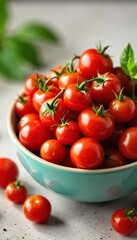 A vibrant bowl overflowing with ripe, red cherry tomatoes, ready for a healthy and refreshing diet Perfect for illustrating weight loss, healthy eating, and summer recipes , farm fresh, summer diet