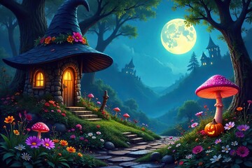 A mystical witch's garden overflowing with vibrant herbs, unusual flowers, and mysterious toadstools under a twilight sky  Perfect for fantasy, Halloween, or magical themes ,  twilight,  green