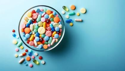 Obraz premium Colorful pills and tablets in a glass bowl on a blue background with copy space, top view. Y2K style. 