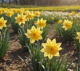 Fototapeta premium Close-up vibrant daffodils, sunny day, countryside field, botany, field, daffodil