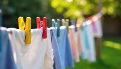 Colorful clothes pegs securing laundry on a rustic wooden clothesline, creating a charming outdoor scene Perfect for summer, laundry, home, and nature themes , line drying, detail, clothes pegs