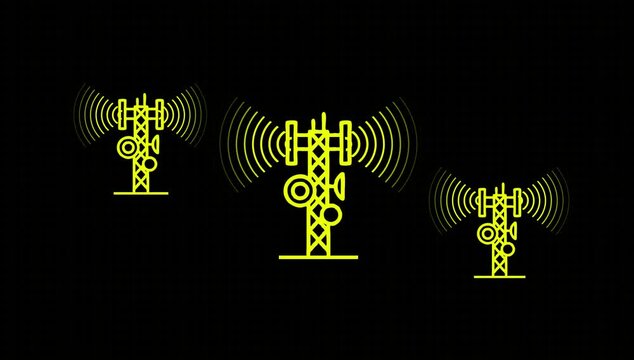 Cell networking tower icon with radio waves, tower connecting network and signal wave animation. grid background wave signal tower animated icon wave.