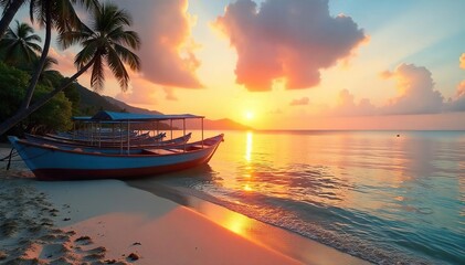 Tranquil scene of a sandy beach with docked boats at sunset, calm waters reflecting the sky Perfect for travel, vacation, or coastal themes , sky, travel, sunshine
