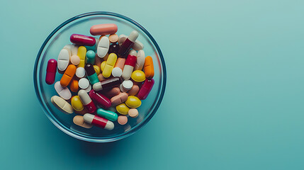 Colorful pills and tablets in a glass bowl on a blue background with copy space, top view. Y2K style.
