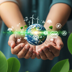 hand holding globe with recycle symbol