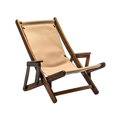 Sport Inspired Reclining Wooden Beach Chair with a Tan Colored Seat Isolated on Transparent Background