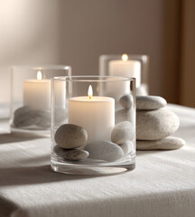 Candle Light Stone Decor Minimalism Relaxation Peaceful Elegant Design Table White Simplicity Meditation Nature Spa Centrepiece Tranquility Ambience Warmth Livingroom Candlelight Luxury Serenity 