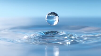 Clear Water Droplet Floating Above Smooth Surface with Reflection – Purity, Hydration and Calm Nature in Minimal Close-Up