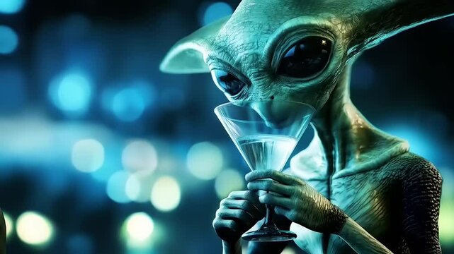 Extraterrestrial Relaxation: Alien Enjoying a Cocktail in a Cosmic Atmosphere