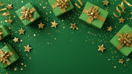 Emerald-toned festive flat lay with green and gold gift boxes, star confetti, and ribbon swirls, featuring space for holiday greetings