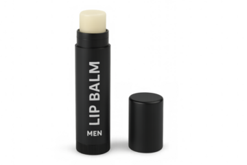 Open black lip balm for men on a transparent background