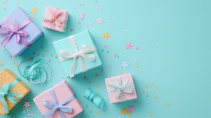 Pastel turquoise layout with stylish boxes, paper rolls, and confetti stars arranged in a balanced, clean flat lay for birthdays