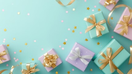 Overhead arrangement of festive birthday elements in pastel tones placed neatly on turquoise background, offering open design space