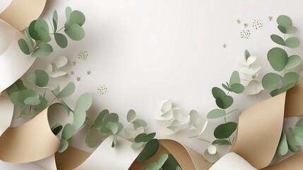 Natural eco-paper confetti in earthy greens and browns curves gently over soft white background, perfect for sustainable party designs