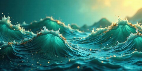 Ocean Waves with Golden Sparkle A Serene Seascape of Teal and Gold